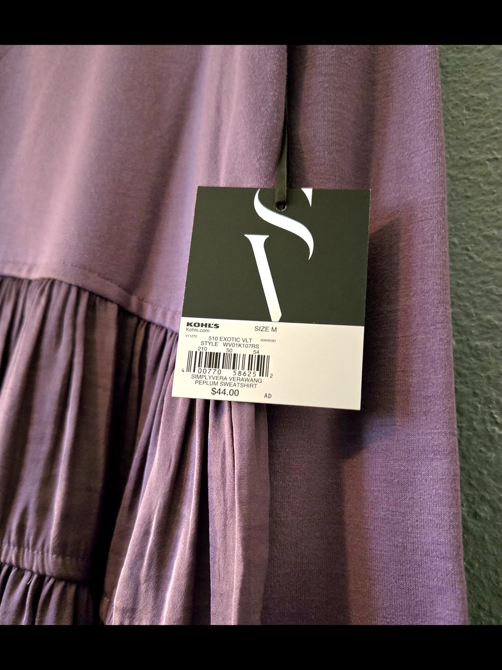 NWT Simply Vera Vera Wang Exotic Violet Peplum Tiered Sweatshirt - Medium - Picture 3 of 5